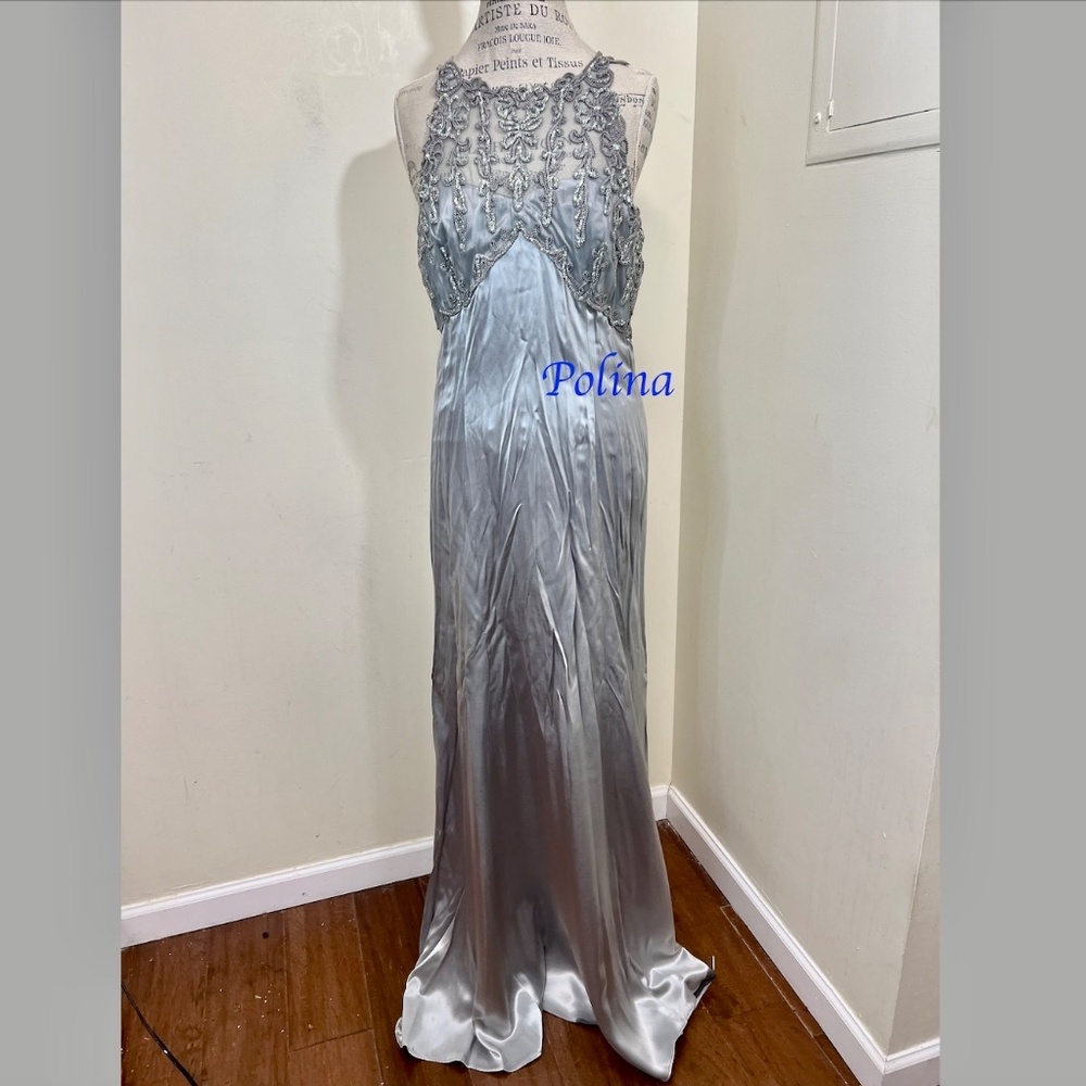 Dress Alfred Angelo Glamour Satin Sleeveless made/Canada Silver color S14